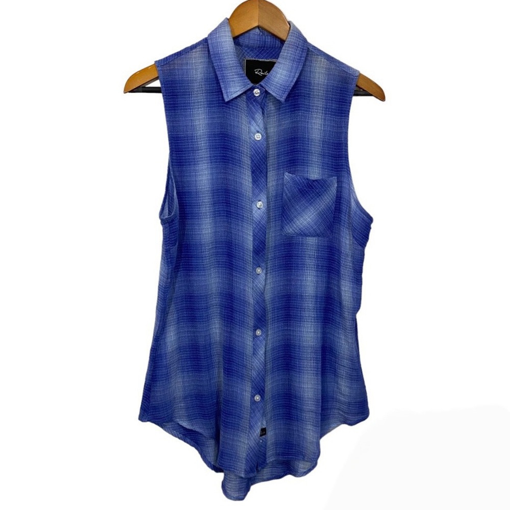 Rails Blue Plaid Sleeveless Tunic Top Women’s Large Button Up High Low Hem